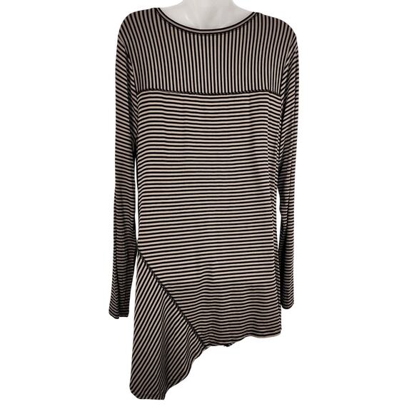 LOGO by Lori Goldstein Womens Striped Knit V Neck Top Asymmetric Hem Large Black - Picture 2 of 9